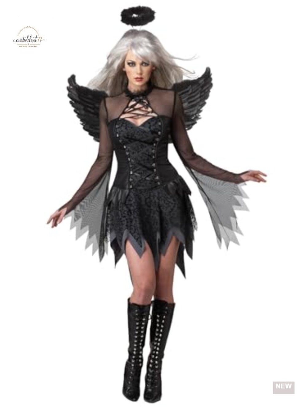 Fallen Angel Costume Dress with Wings & Halo - Women's Halloween Cosplay,